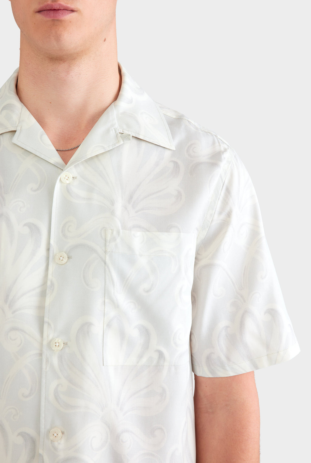 Elric Men's Shirt Grey Blue Silk Camp Collar with Palmette Floral Print 2