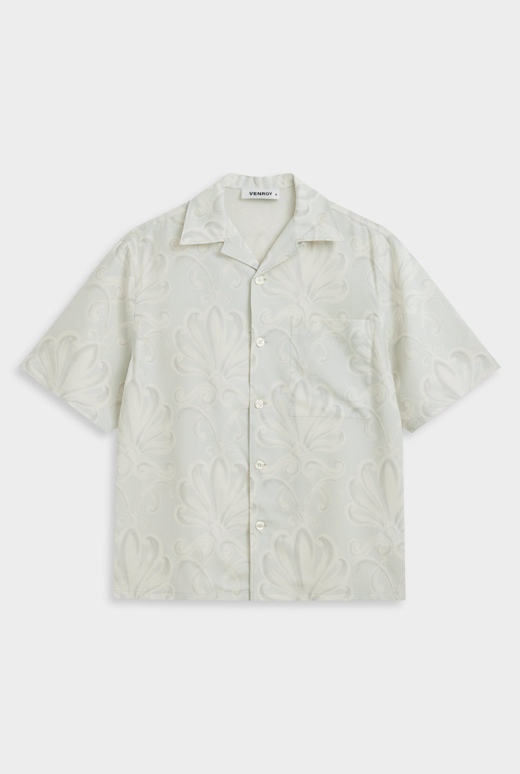 Elric Men's Shirt Grey Blue Silk Camp Collar with Palmette Floral Print 6