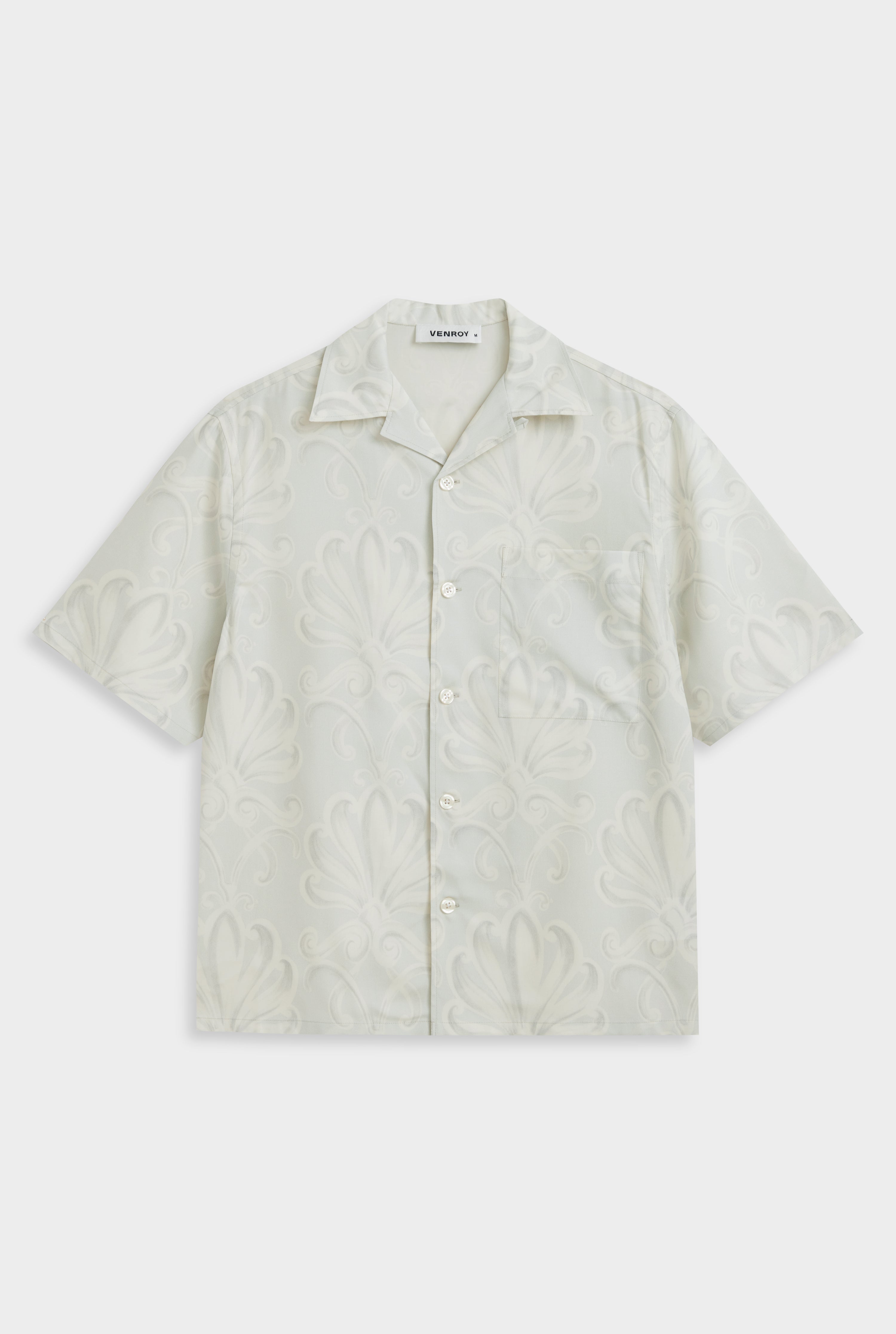 Elric Men's Shirt Grey Blue Silk Camp Collar with Palmette Floral Print 6