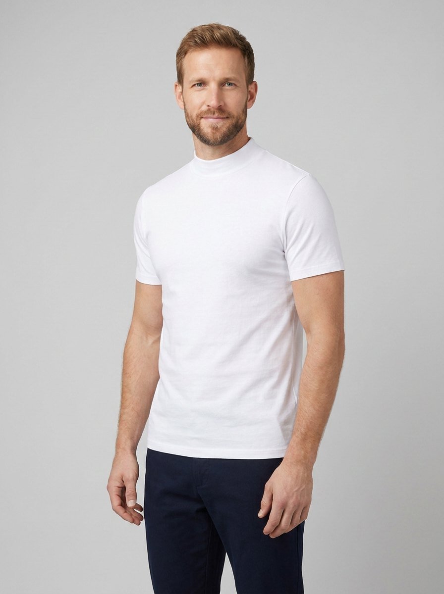 Elysian men's tailored-fit crew neck t-shirt in navy blue, made from a soft stretch cotton blend. 1