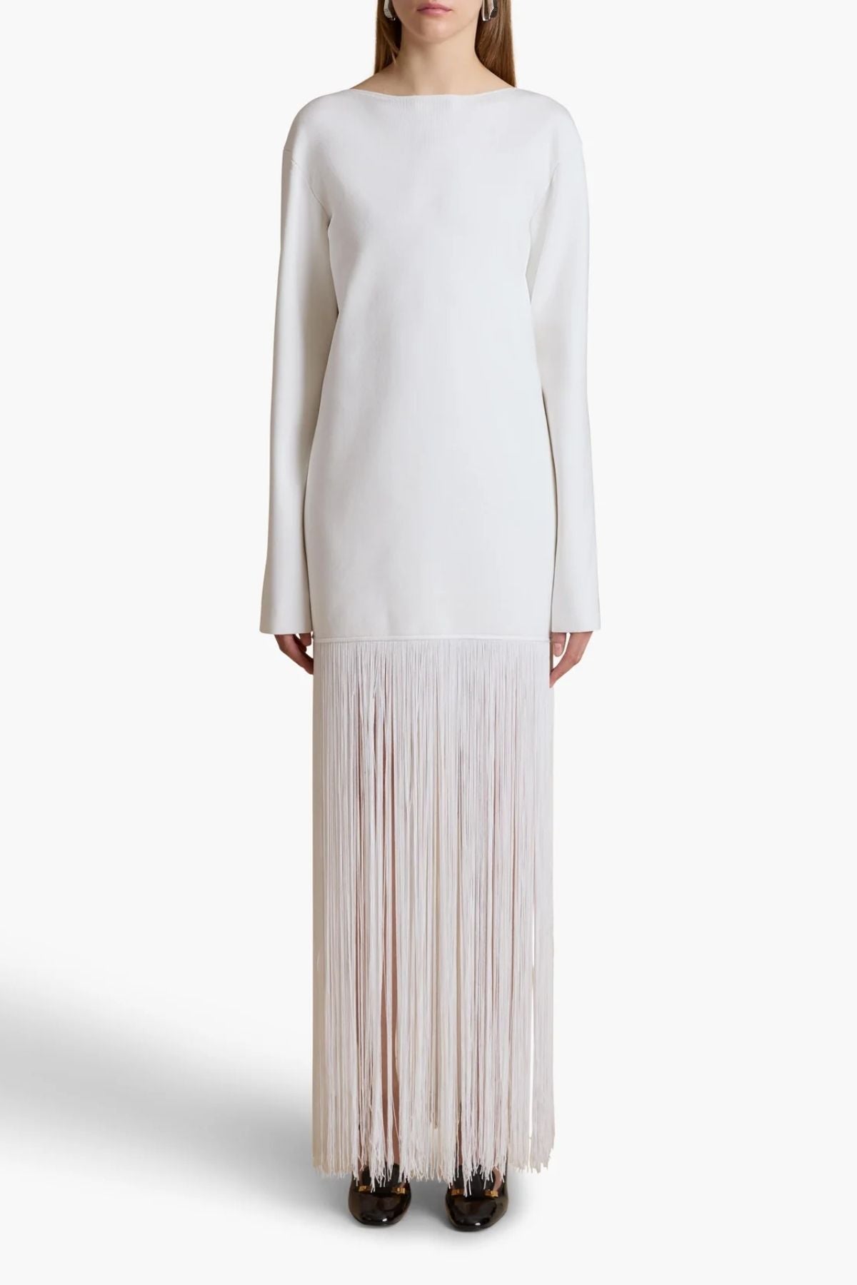 Eulalie KHAITE Paley Dress Off-White V-Neck Fringed Skirt Cocktail 1