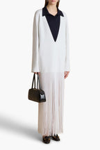 Eulalie KHAITE Paley Dress Off-White V-Neck Fringed Skirt Cocktail 2