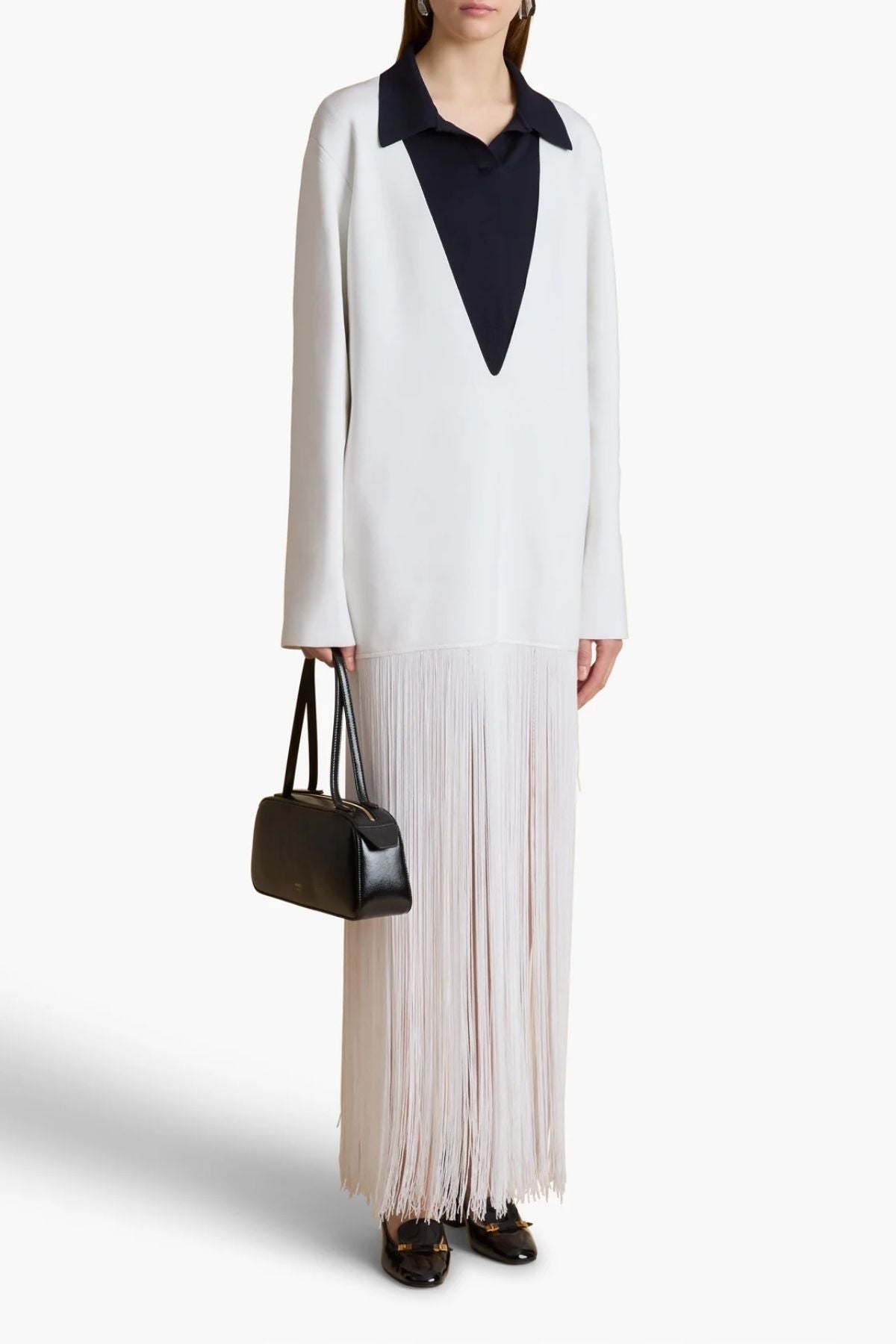Eulalie KHAITE Paley Dress Off-White V-Neck Fringed Skirt Cocktail 2