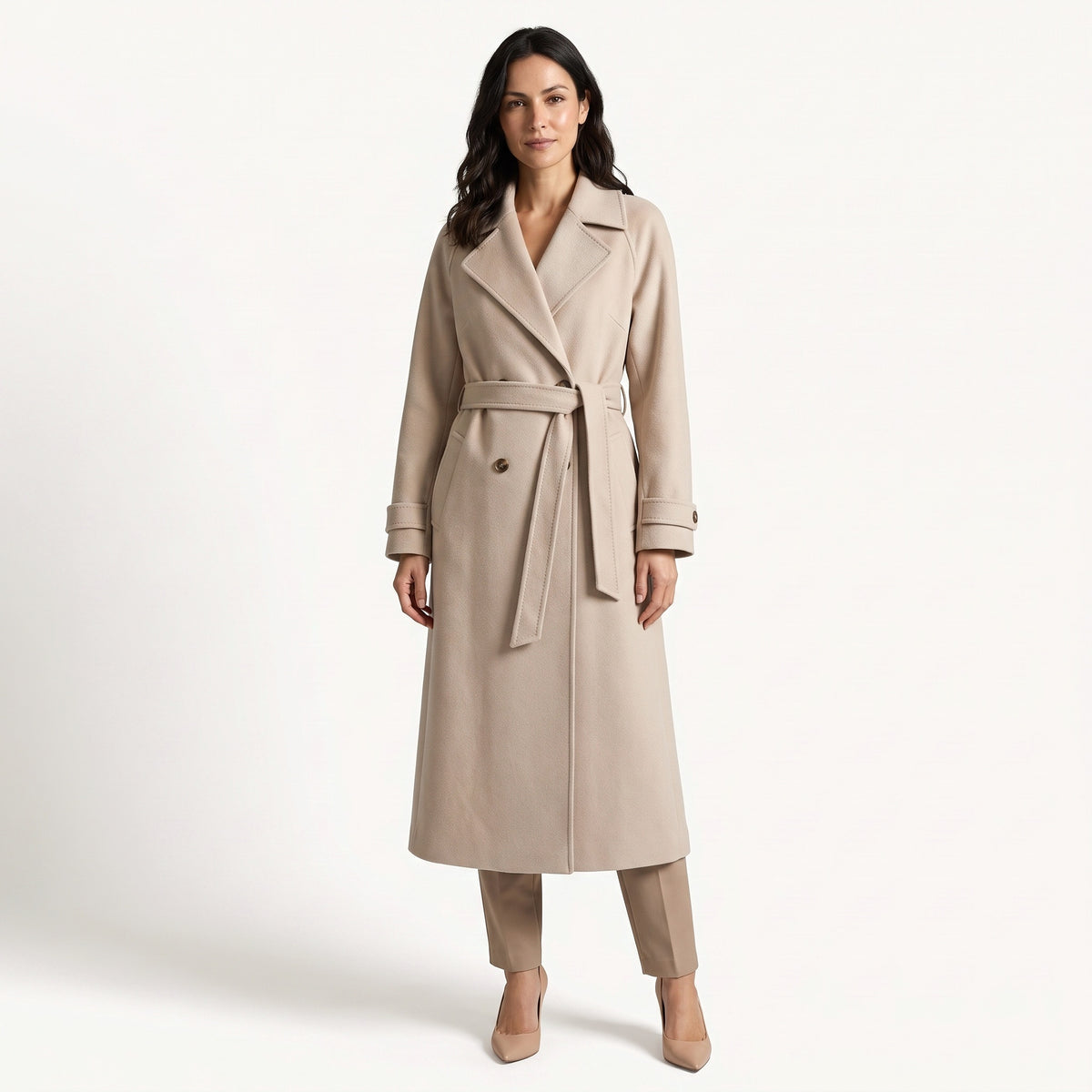 Evely wool-like trench coat for women, beige, worn by a model