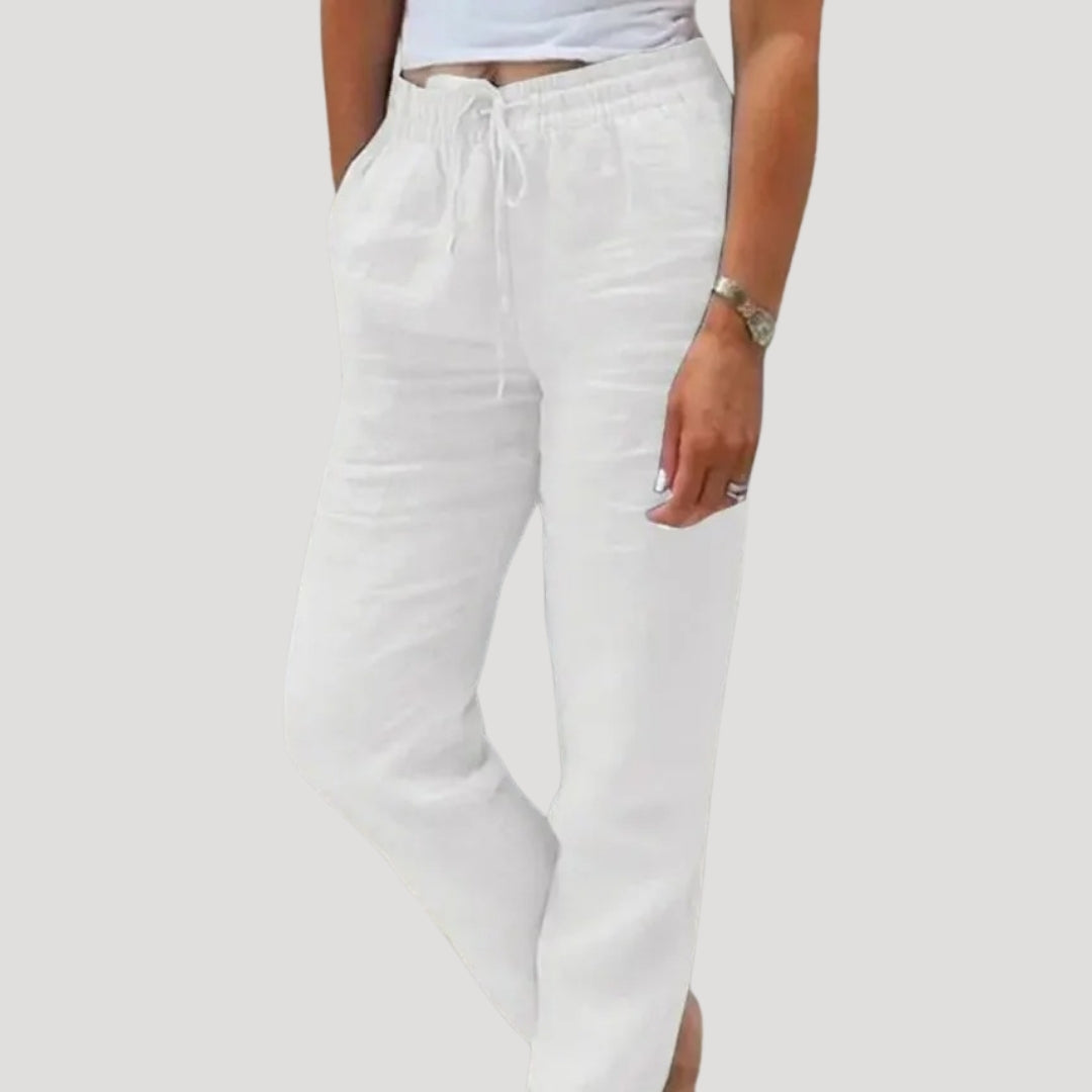 Lightweight cotton-linen trousers in soft beige with a relaxed fit and drawstring waist. Casual and comfortable style. 4