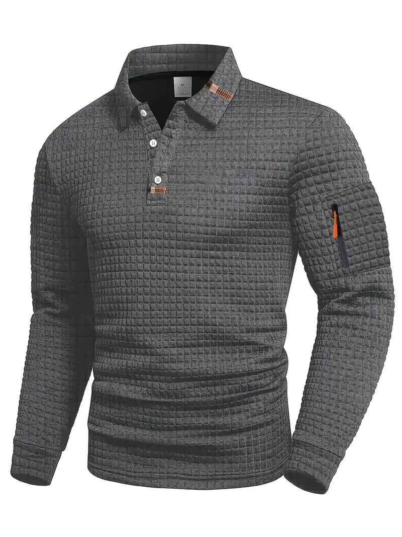 Everett long-sleeve textured polo grey