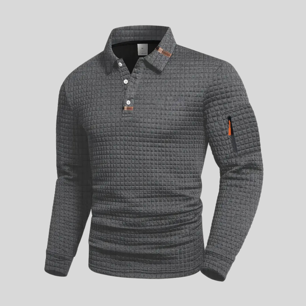 Everett long-sleeve textured polo grey front