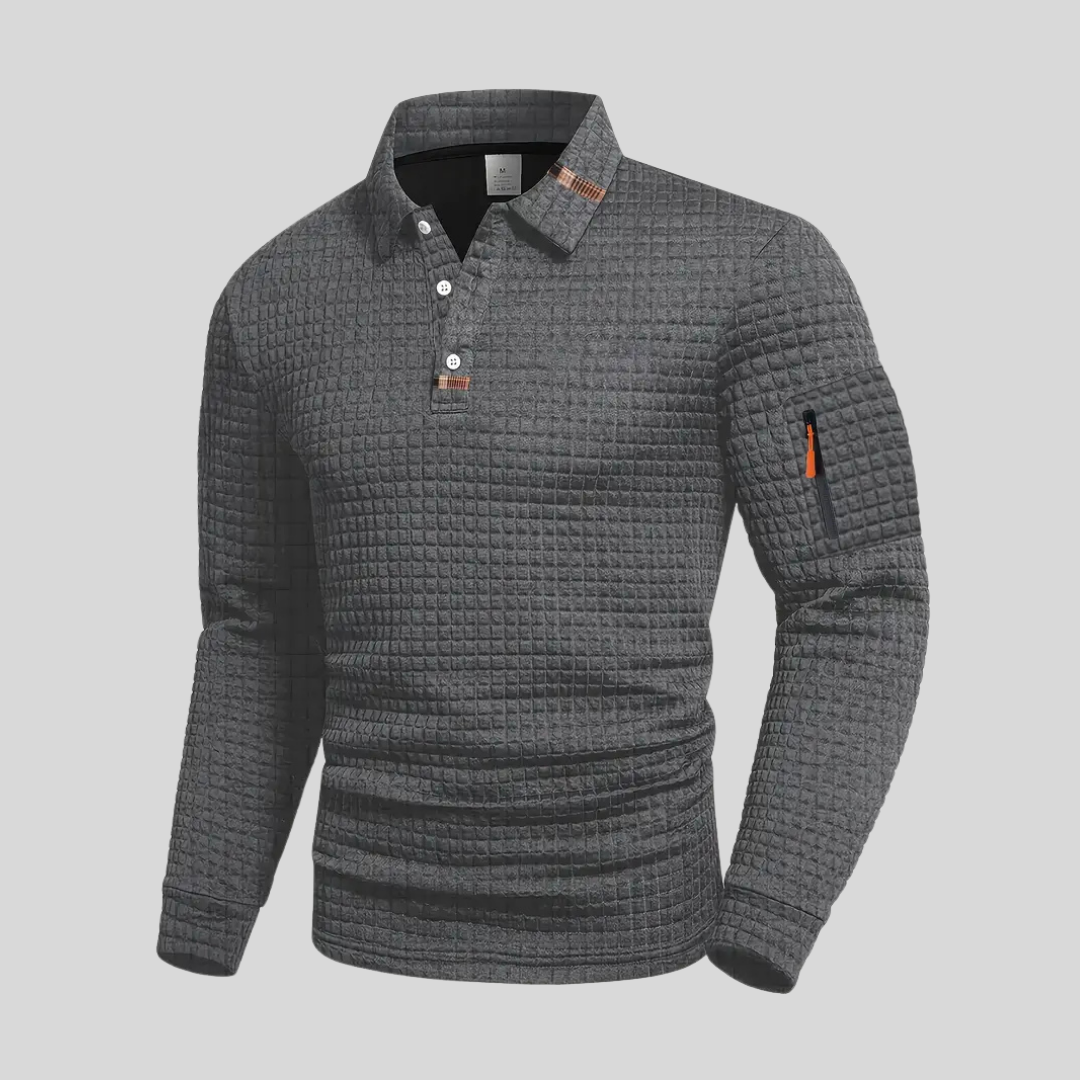 Everett long-sleeve textured polo grey front