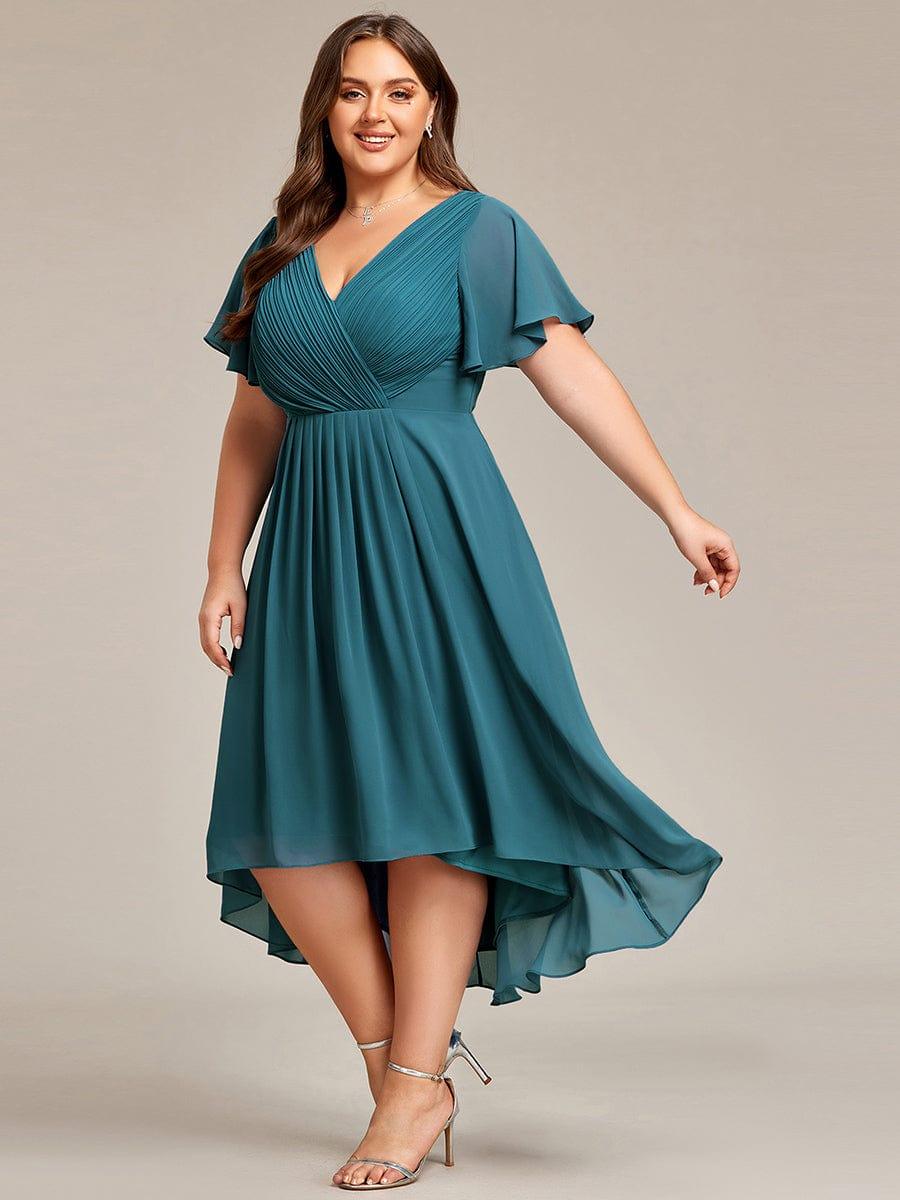 Teal plus size chiffon midi dress with a pleated double V-neck and flutter sleeves.