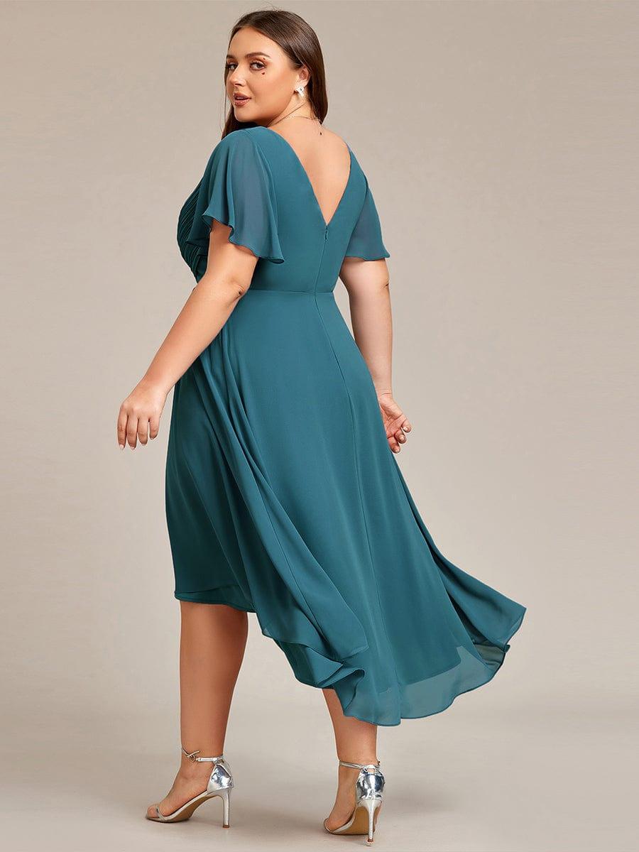 Plus size chiffon midi dress with a pleated double V-neck and flutter sleeves.