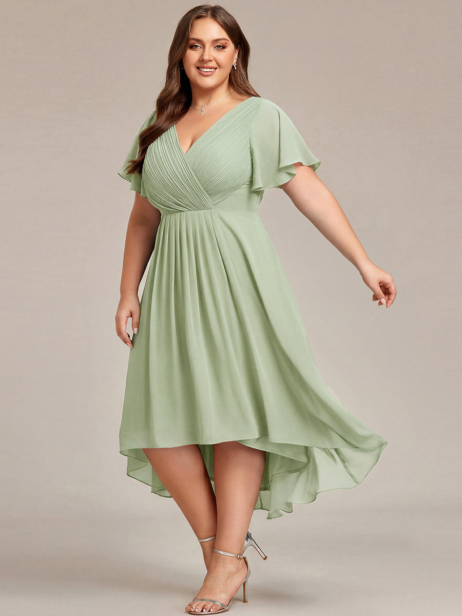 Plus size chiffon midi dress with a pleated double V-neck and flutter sleeves.