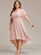 Plus size chiffon midi dress with a pleated double V-neck and flutter sleeves.