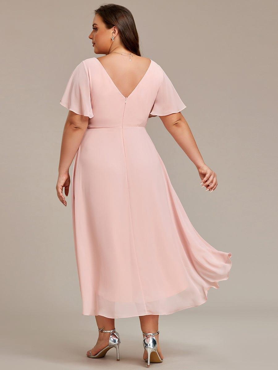 Plus size chiffon midi dress with a pleated double V-neck and flutter sleeves.
