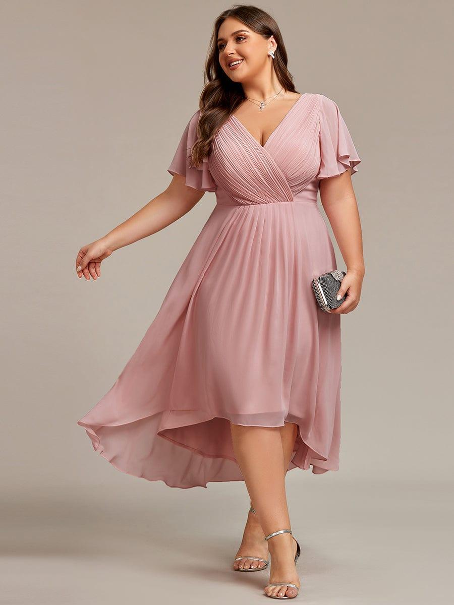 Plus size chiffon midi dress with a pleated double V-neck and flutter sleeves.