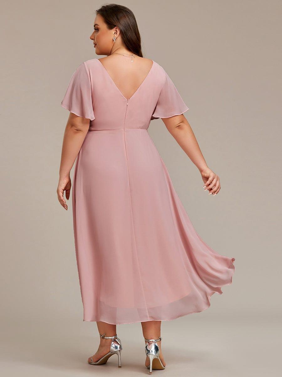 Plus size chiffon midi dress with a pleated double V-neck and flutter sleeves.