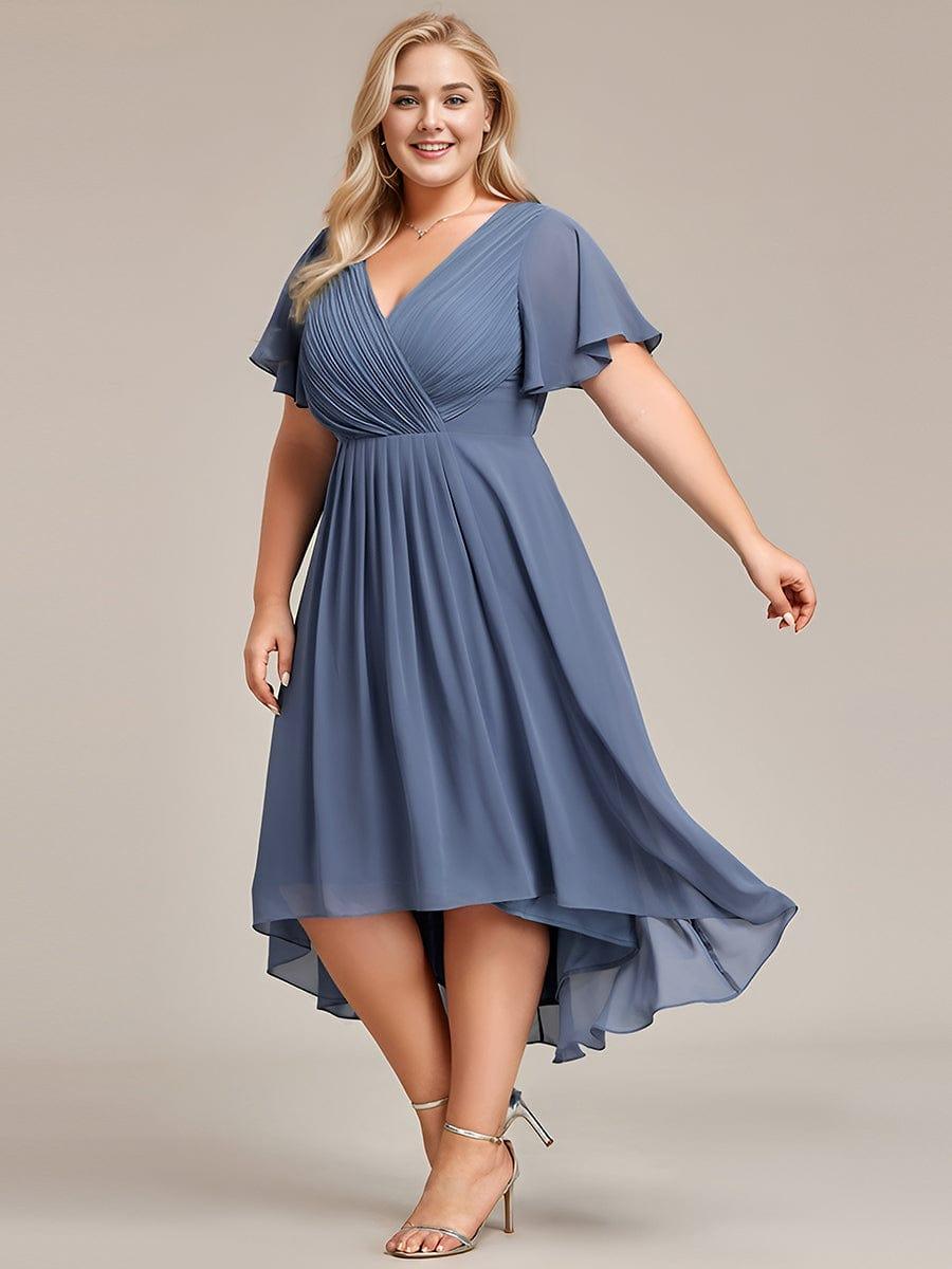 Plus size chiffon midi dress with a pleated double V-neck and flutter sleeves.