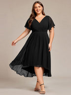 Plus size midi dress in blush pink with a double V-neck and ruffle sleeves, perfect for wedding guests. 20