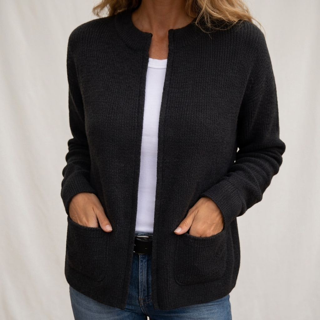 Grey ribbed knit open cardigan for women with a round collar and patch pockets.