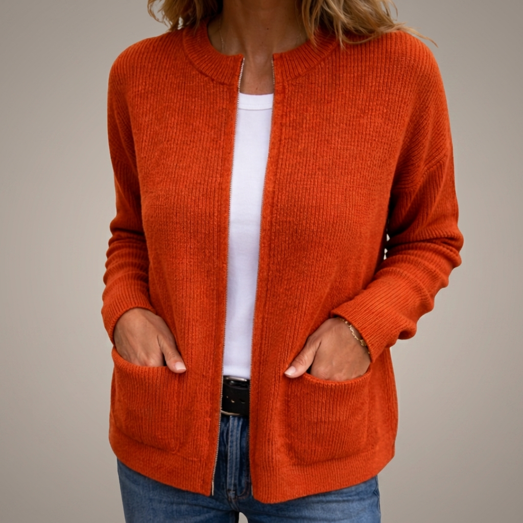 Grey ribbed knit open cardigan for women with a round collar and patch pockets.
