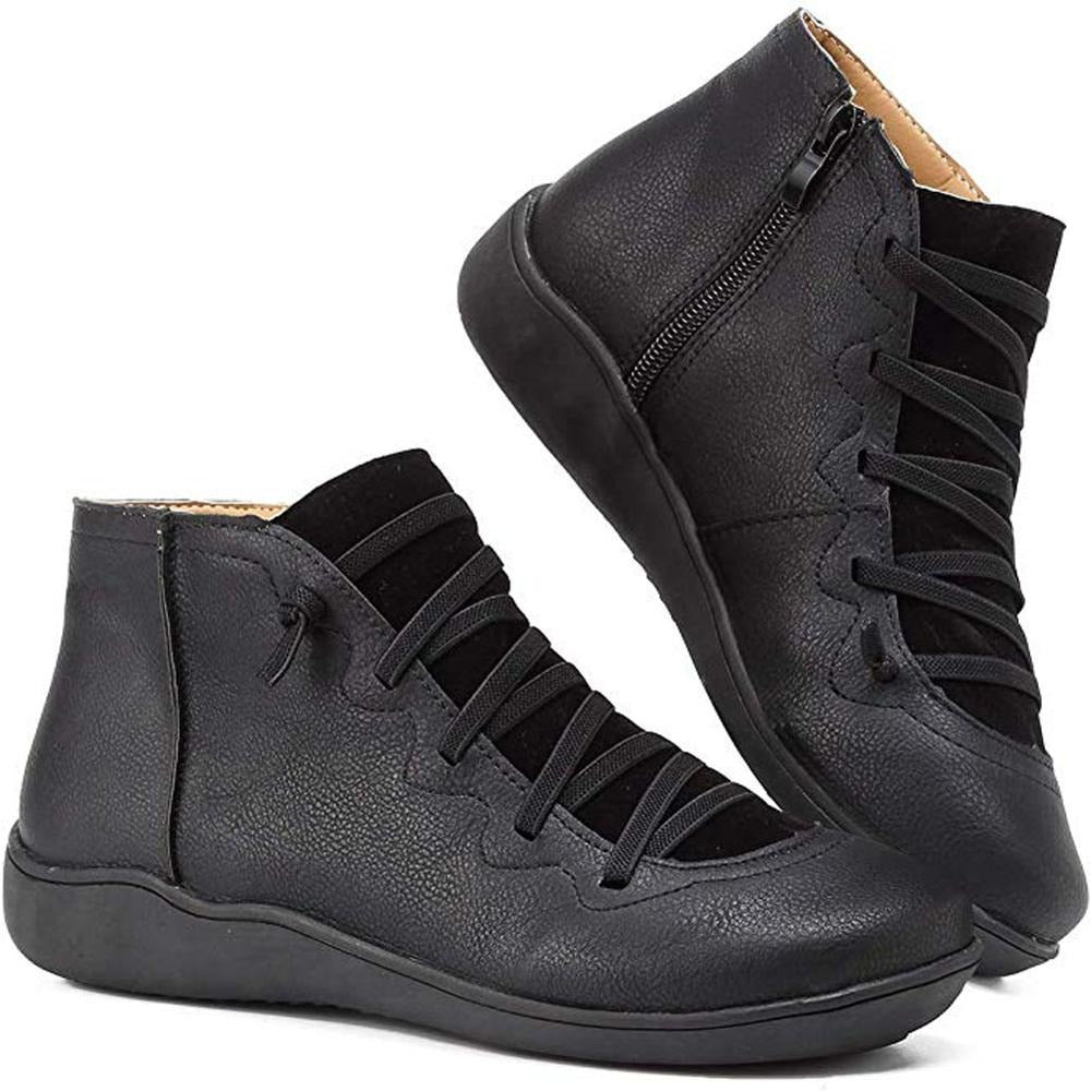 Women's ankle boots with a criss-cross lace detail and a side zip.