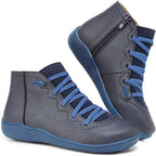 Orthopedic ankle boots for women with a criss-cross lace detail and a side zip.