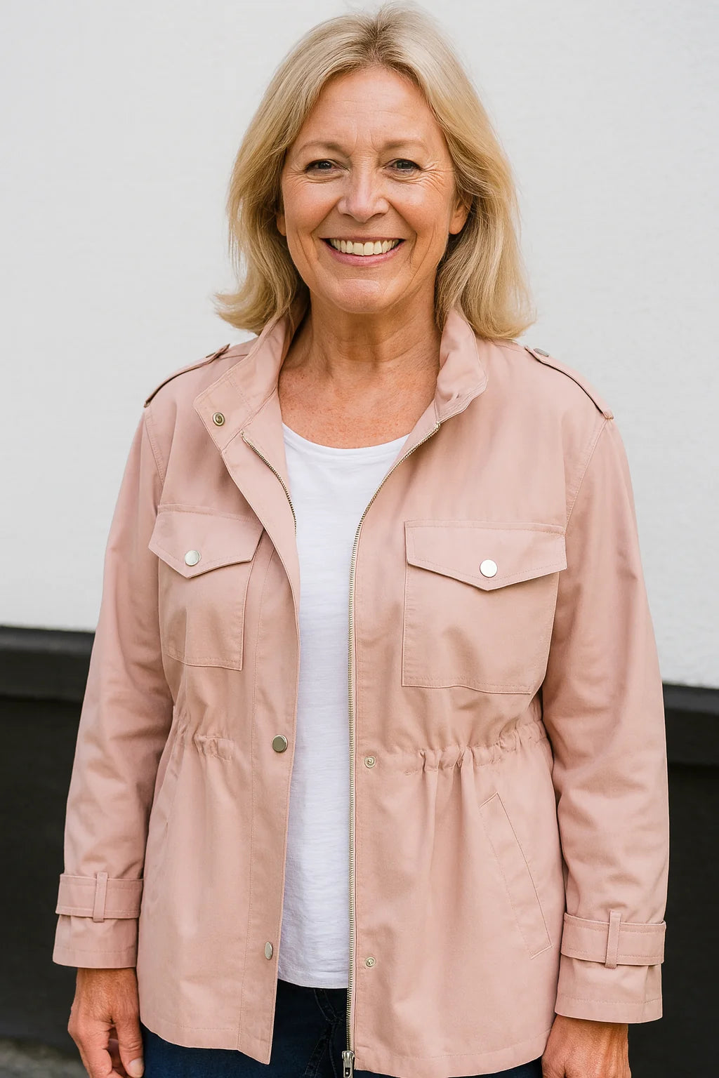 Floortje utility jacket in pink, worn front view