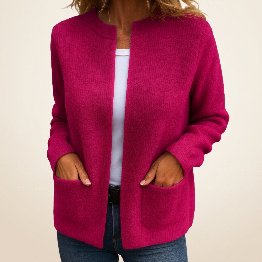 Frederique ribbed knit open cardigan with pockets, fuchsia