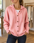 Greta hooded knit cardigan with wooden buttons, pink, worn