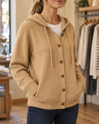 Greta hooded knit cardigan with wooden buttons, camel, front view in store