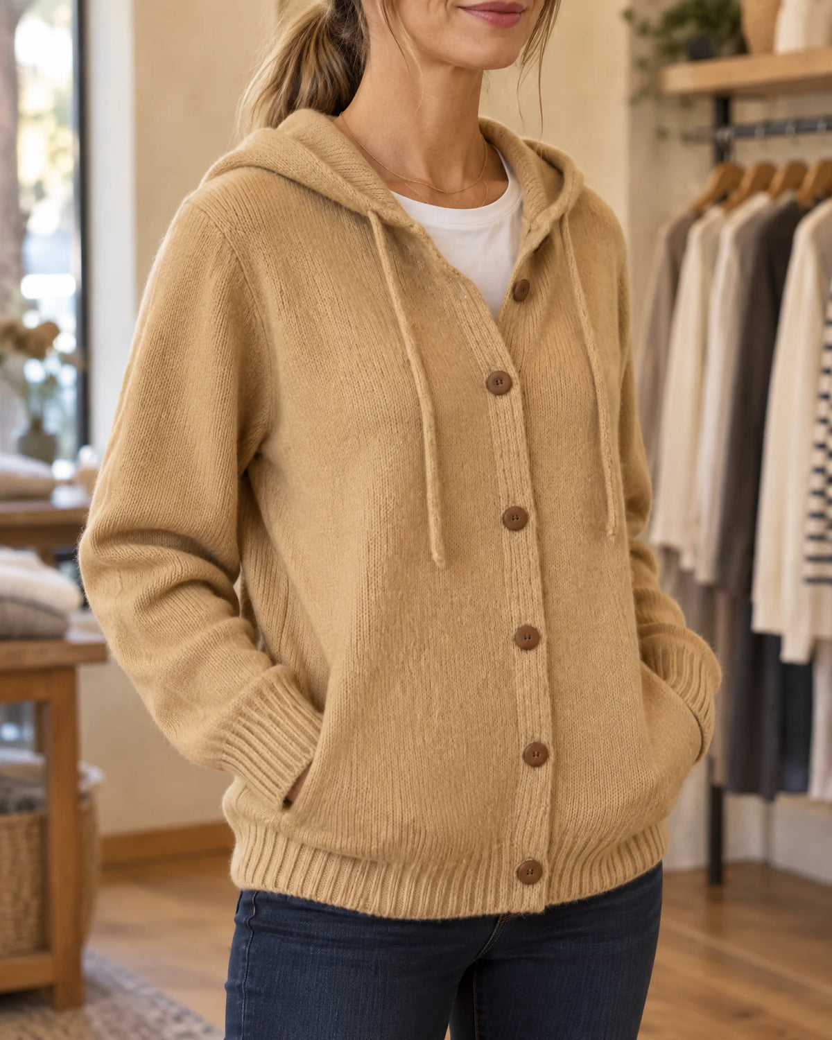 Greta hooded knit cardigan with wooden buttons, camel, front view in store