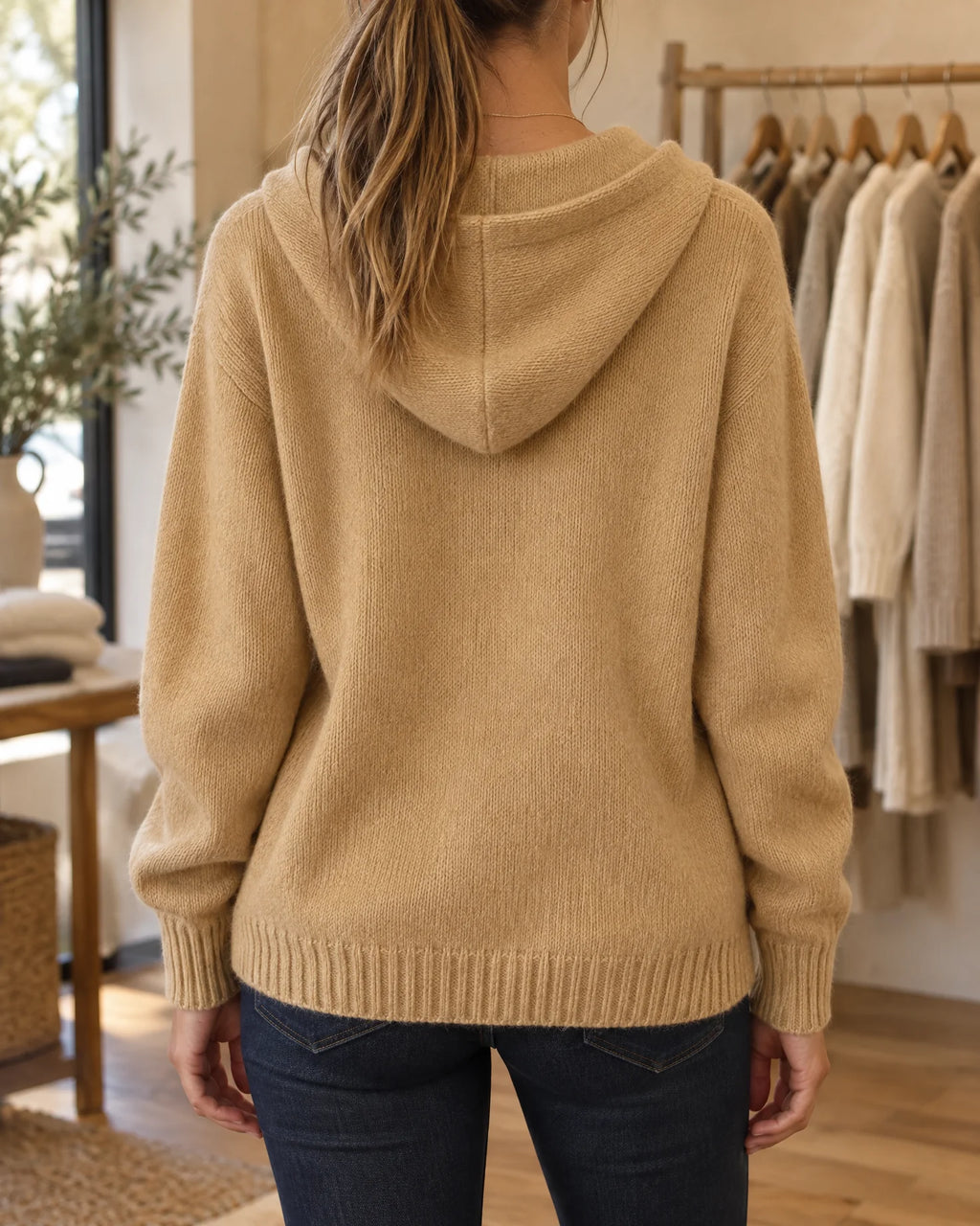 Greta hooded knit cardigan with wooden buttons, camel, hood detail