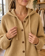 Greta hooded knit cardigan with wooden buttons, camel, buttoning the front