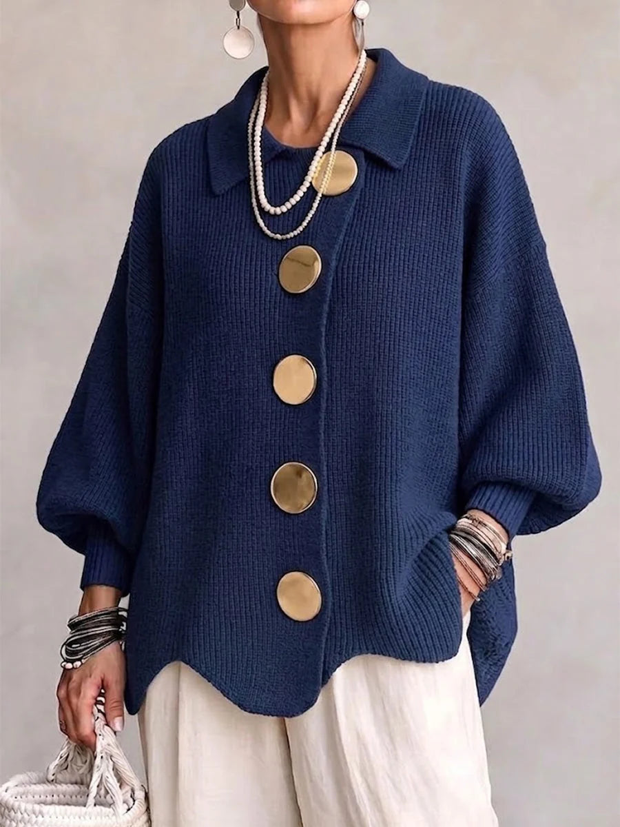 Guusje oversized cardigan with gold-tone buttons, gold, worn
