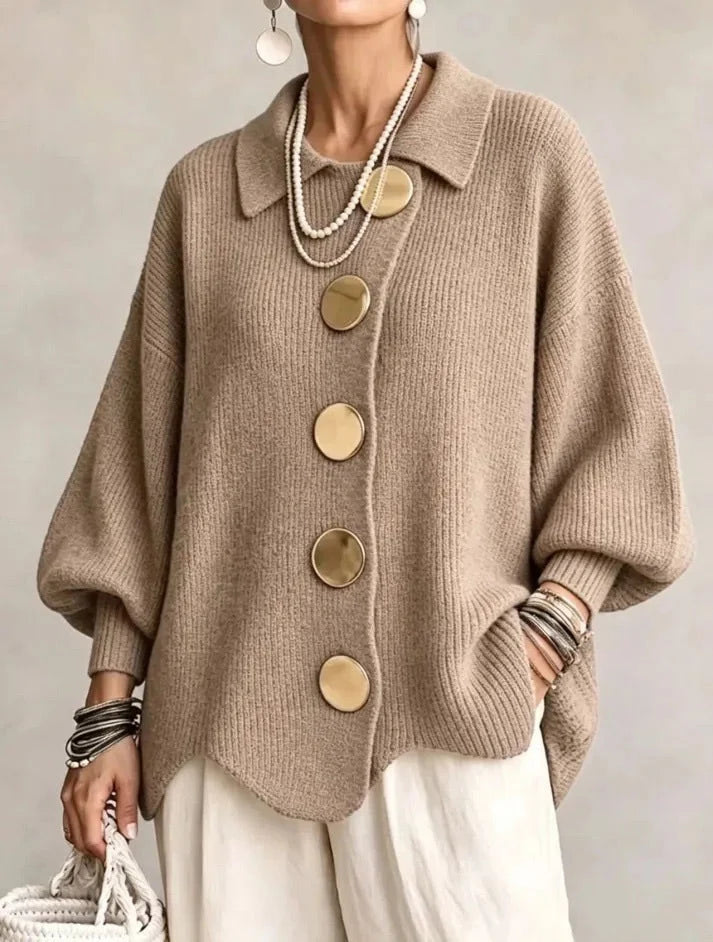 Guusje oversized cardigan with gold-tone buttons, wine, three-quarter view
