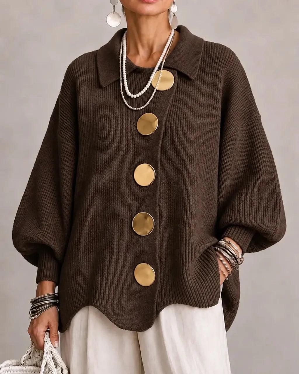 Guusje oversized cardigan with gold-tone buttons, black, front view