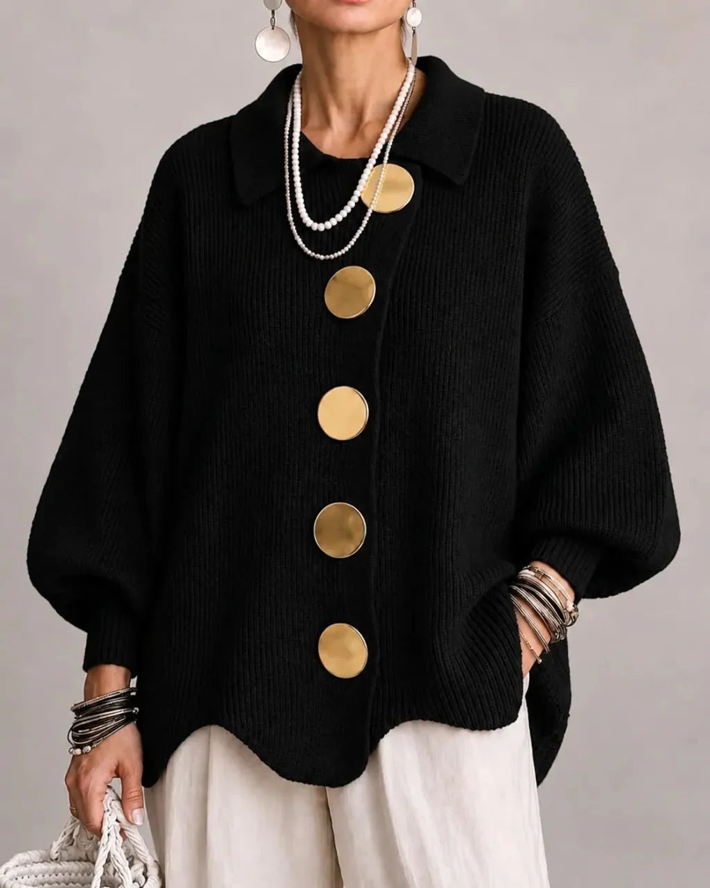 Guusje oversized cardigan with gold-tone buttons, brown, front view