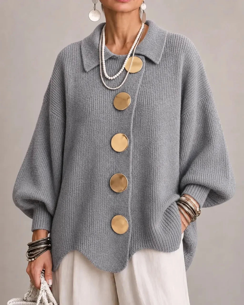 Guusje oversized cardigan with gold-tone buttons, gray, front view