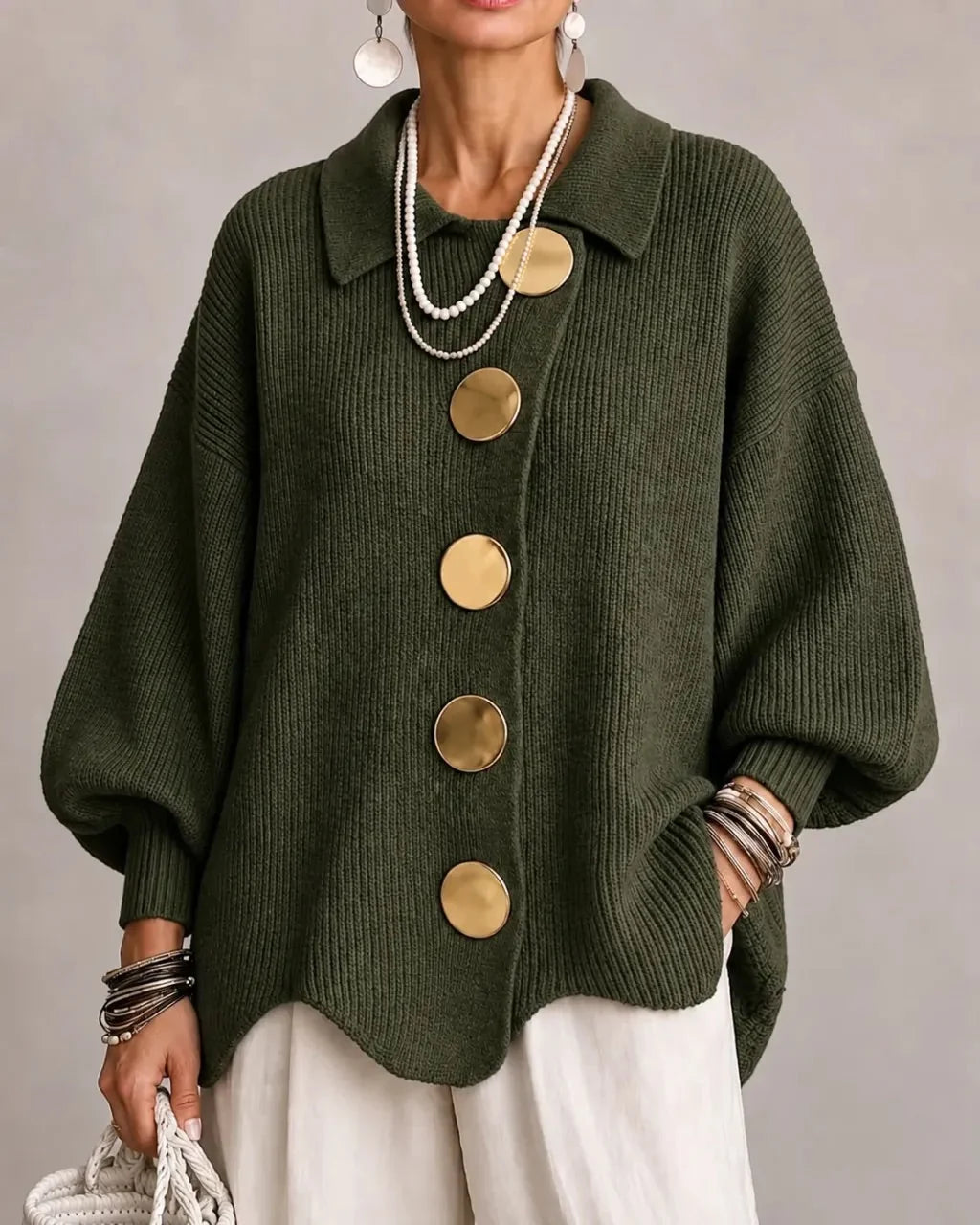 Guusje oversized cardigan with gold-tone buttons, green, front view