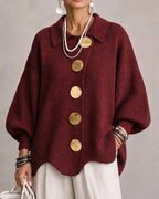 Guusje oversized cardigan with gold-tone buttons, wine, front view