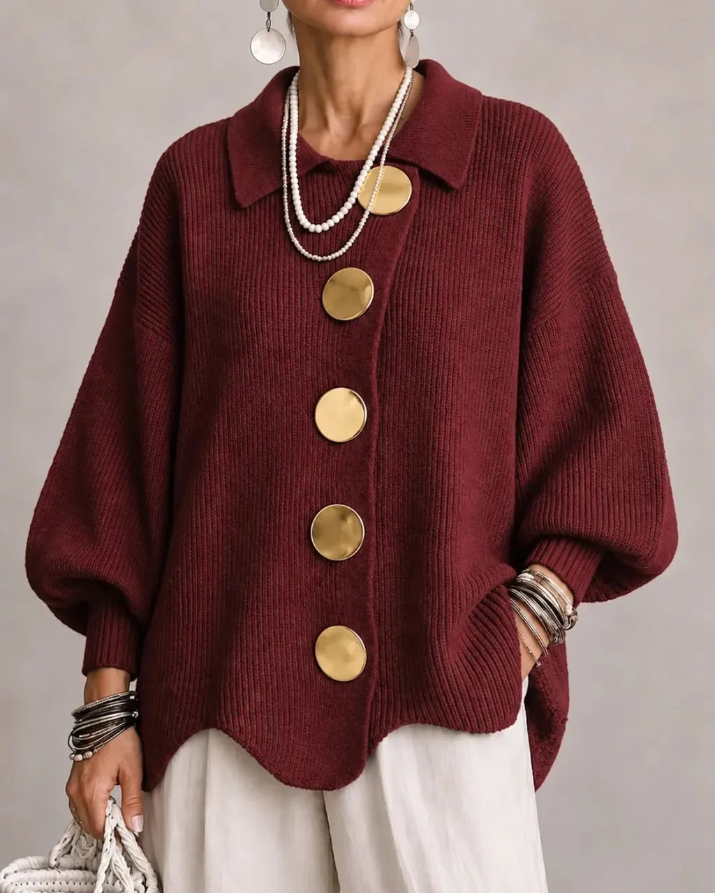 Guusje oversized cardigan with gold-tone buttons, wine, front view