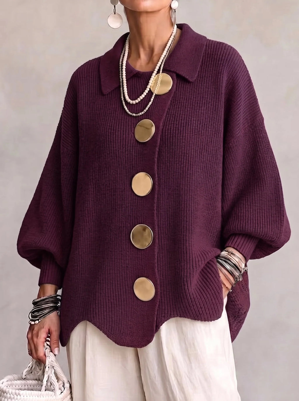 Guusje oversized cardigan with gold-tone buttons, cream, front view