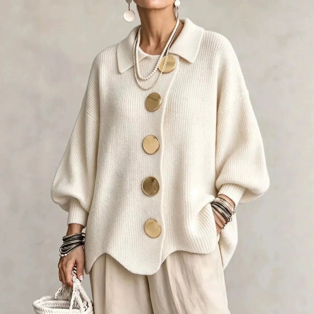 Guusje oversized cardigan with gold-tone buttons, black, worn