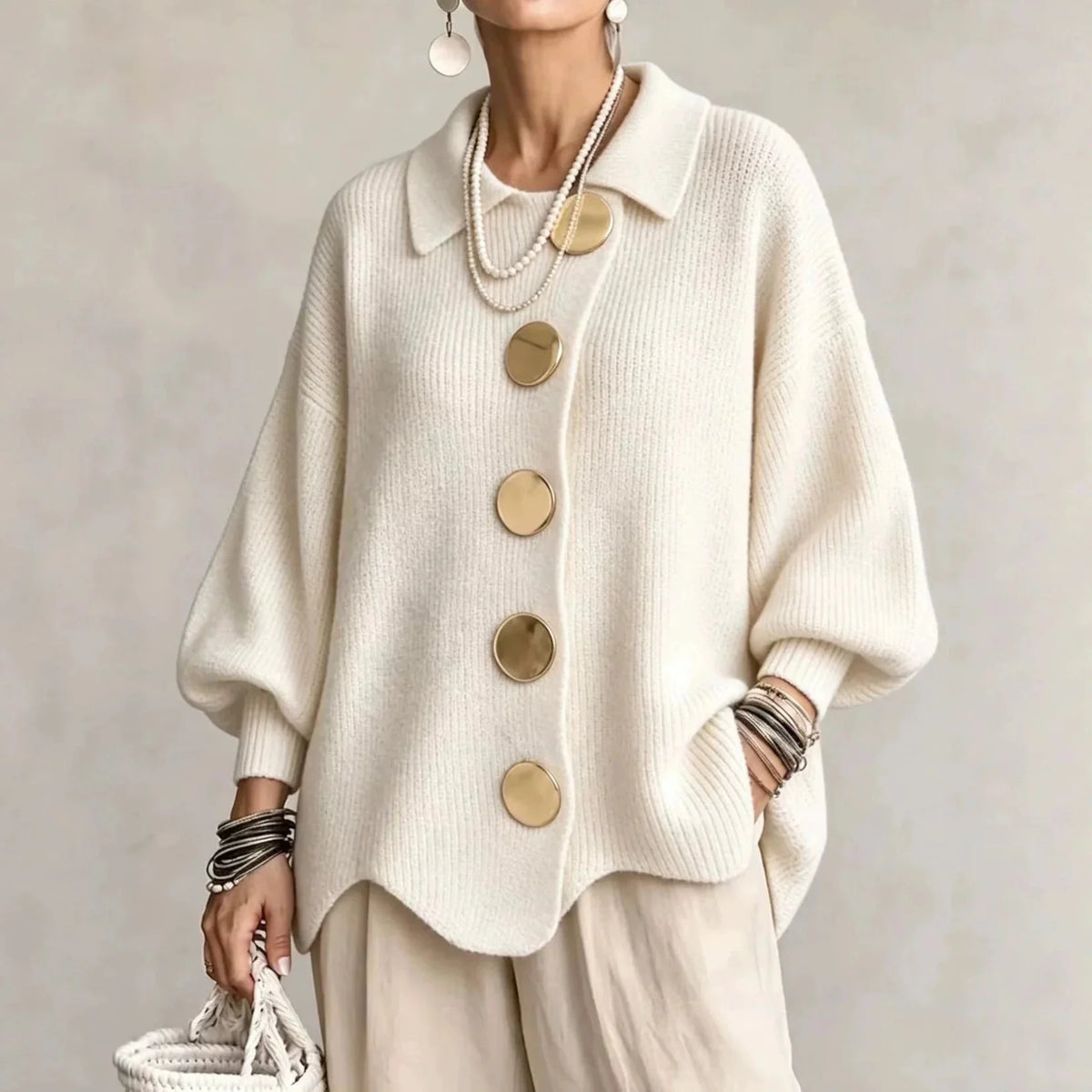 Guusje oversized cardigan with gold-tone buttons, black, worn