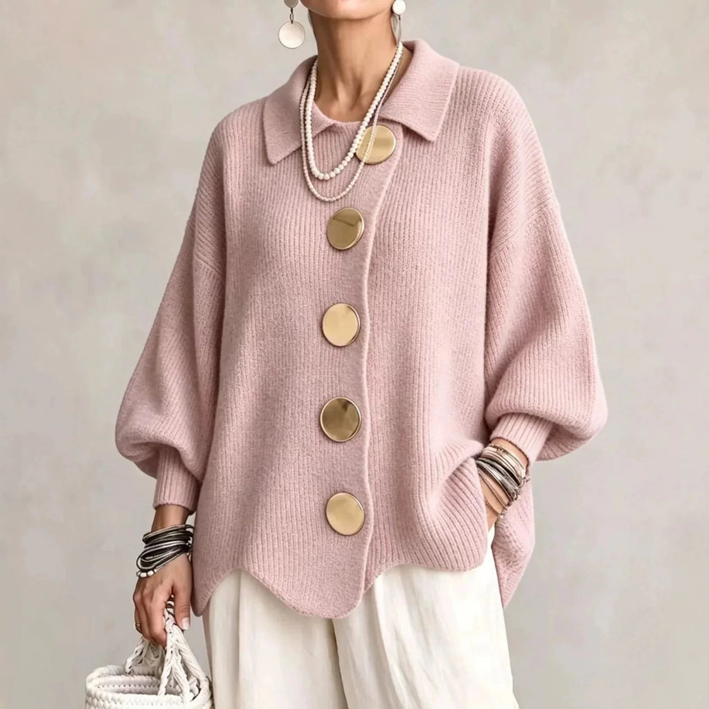Guusje oversized cardigan with gold-tone buttons, gray, worn