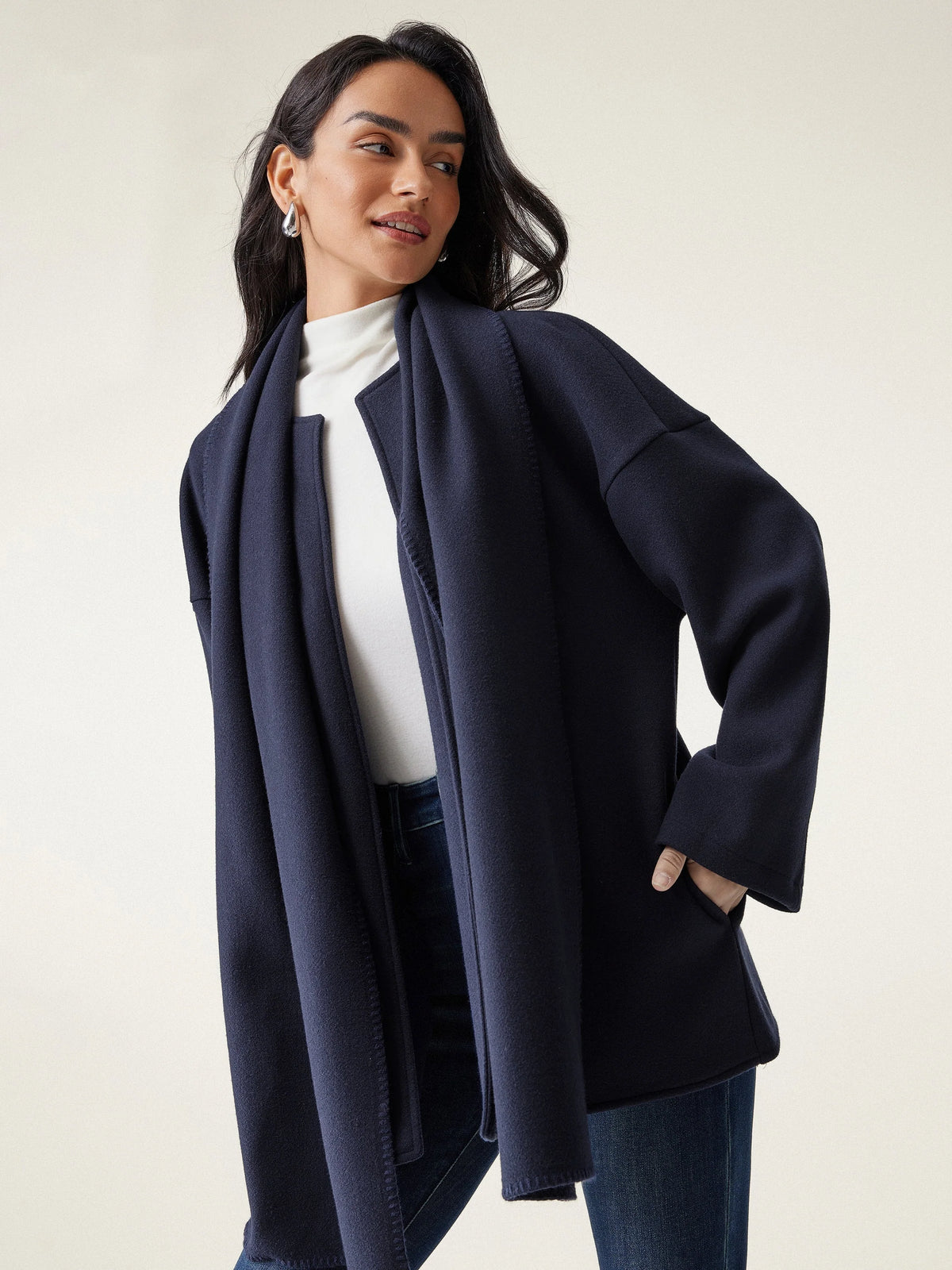 Hanneke oversized scarf coat in black navy, worn side view