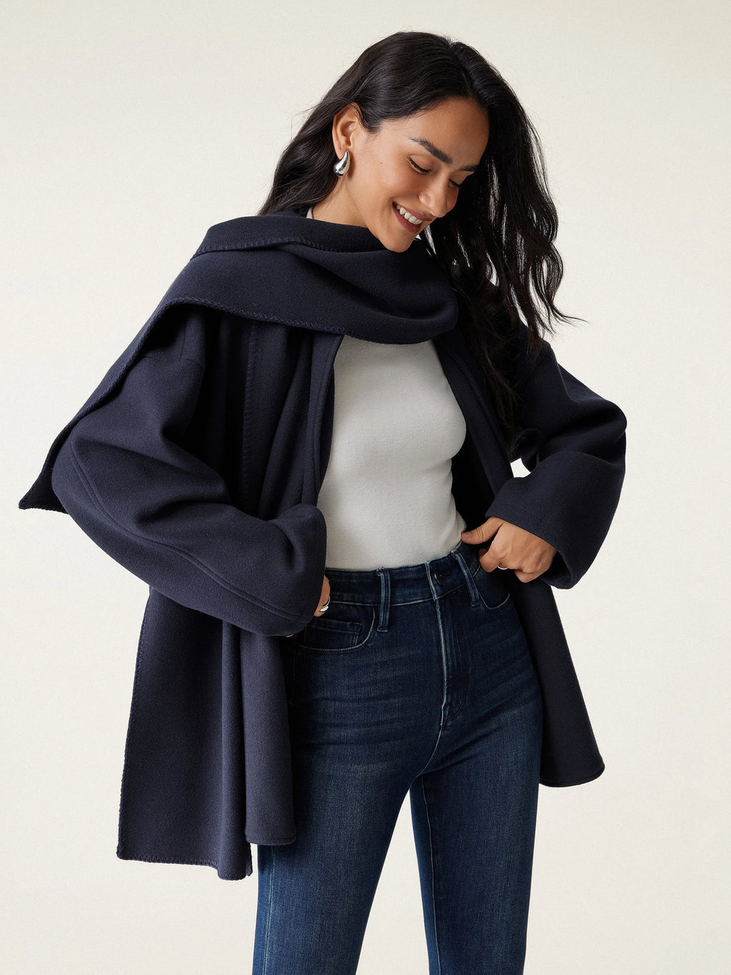 Hanneke oversized scarf coat in black navy, worn front view