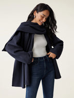 Hanneke oversized scarf coat in black navy, worn front view