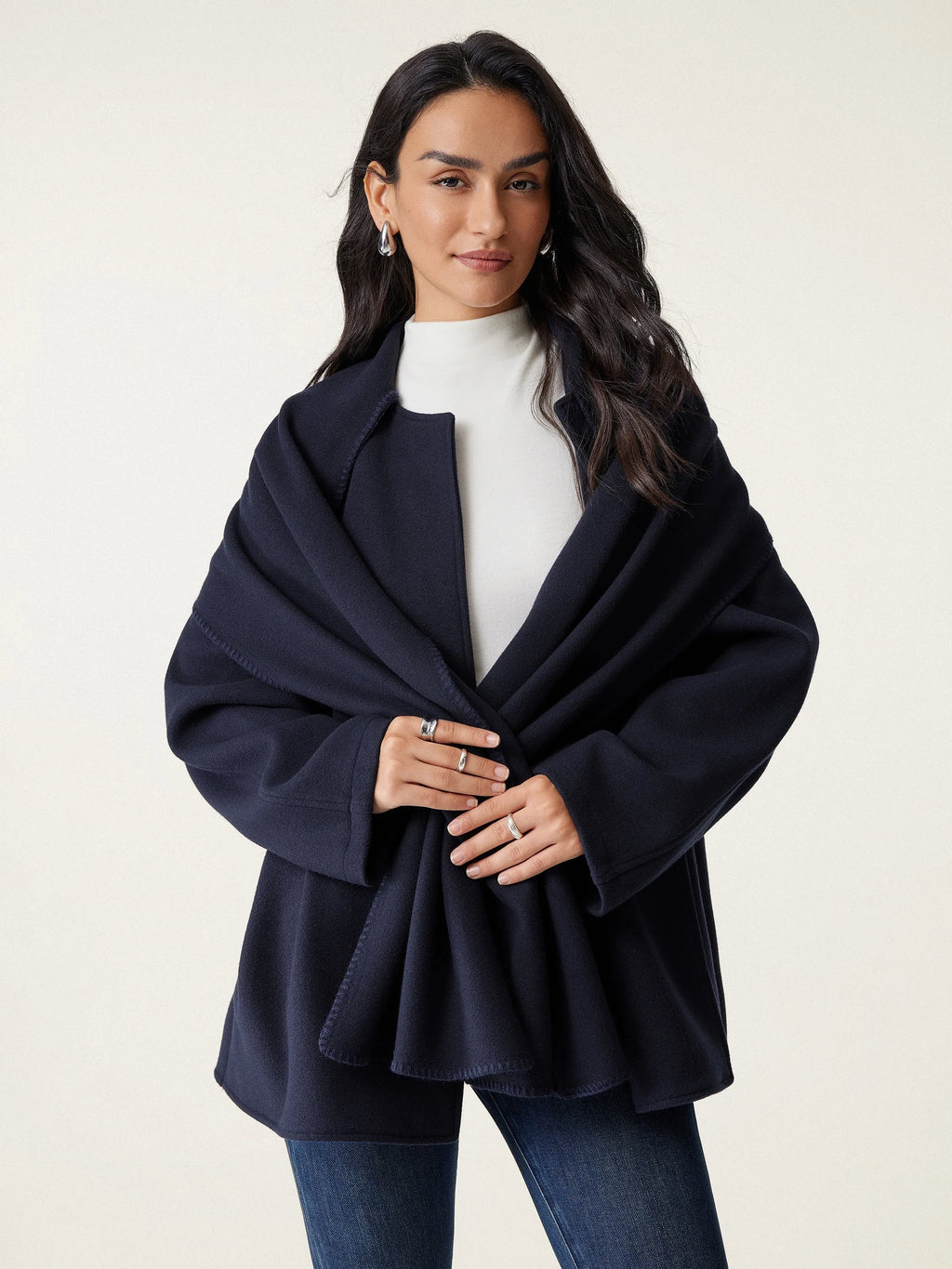 Hanneke oversized scarf coat in black navy, wrapped at the front