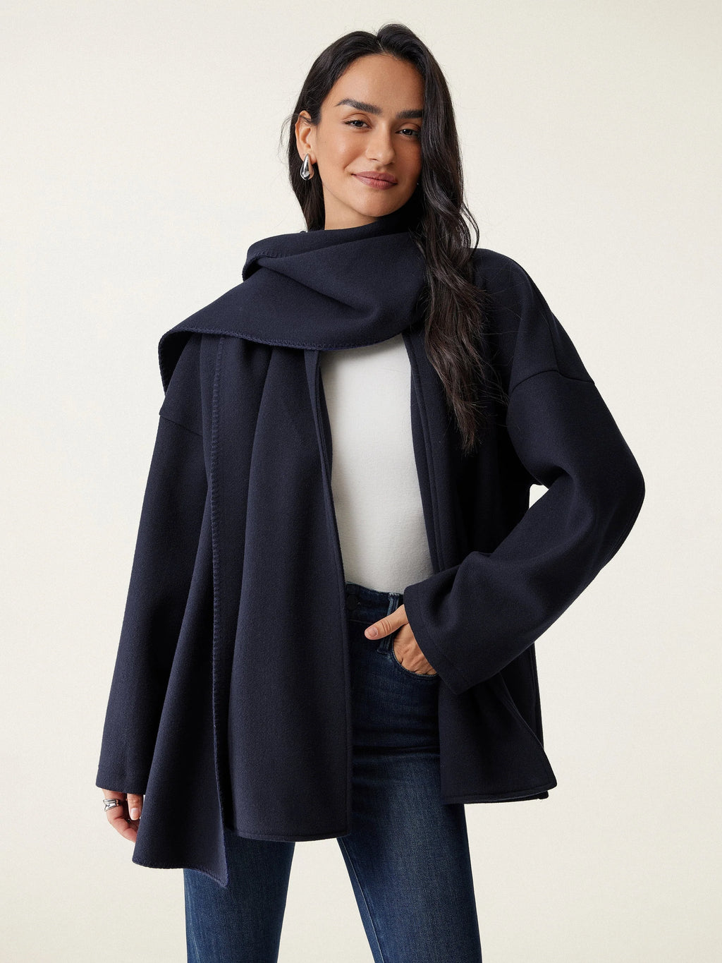 Hanneke oversized scarf coat in black navy, worn front view
