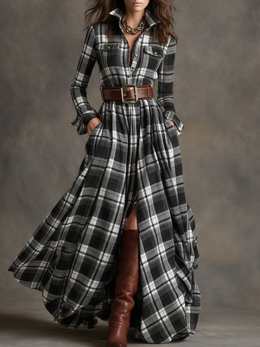 Harper belted shirt dress, black and white, detail